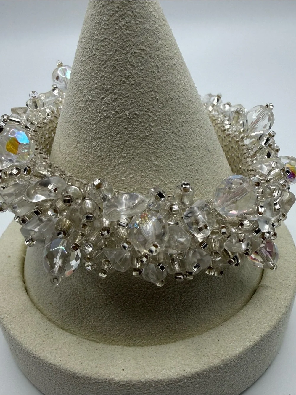Hand Beaded Crystal AB Cluster Bracelet Magnetic Clasp Silver Clear Statement